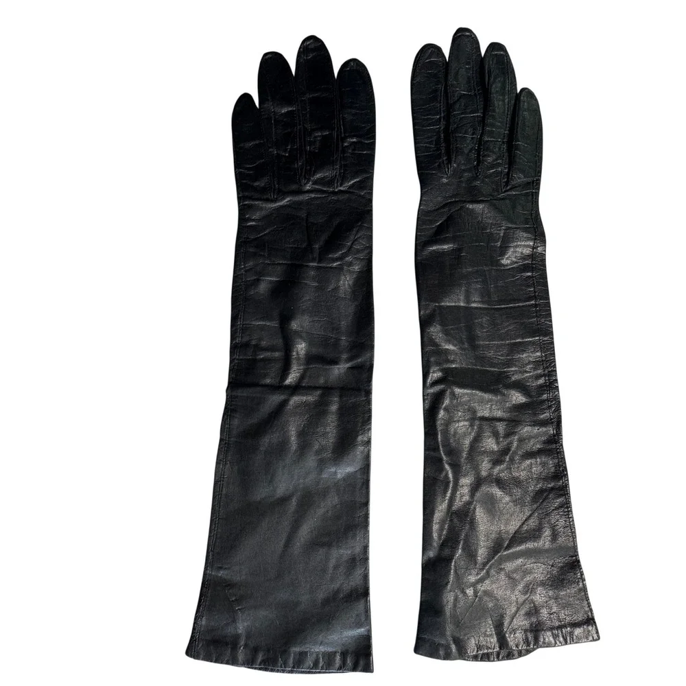 Leather Opera Gloves Women One Size Black Long Formal Vintage Noir
